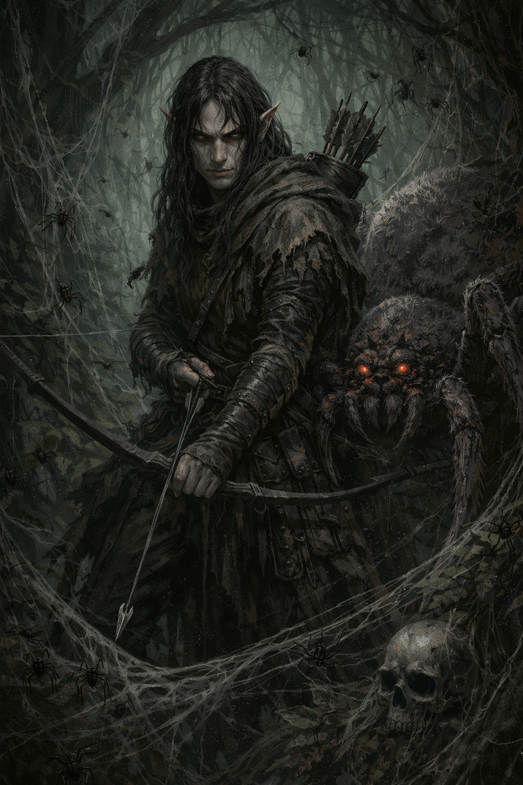 Pale elf ranger with spider companion; association with Fang is unconfirmed